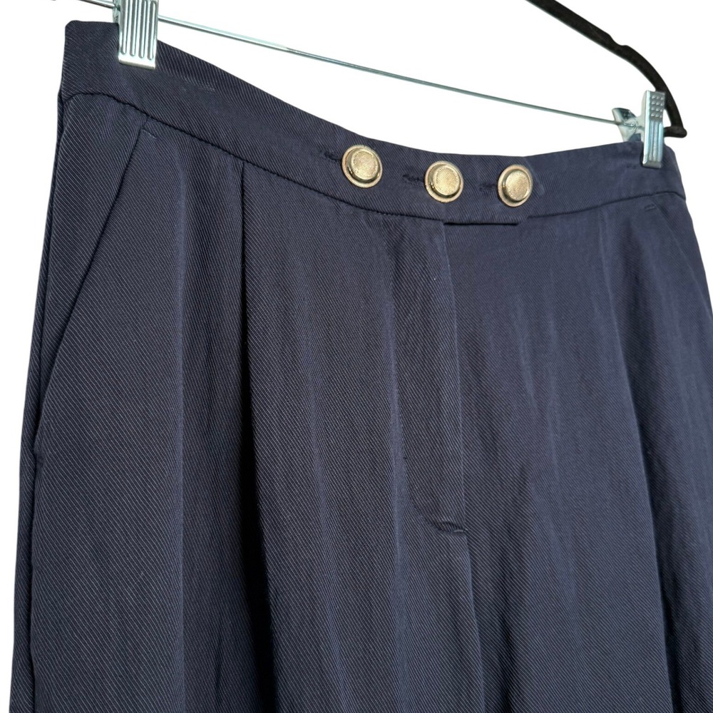 Navy Blue High Waisted Pleated Cropped Wide Leg Pants Gold Button‎ Detail Size L